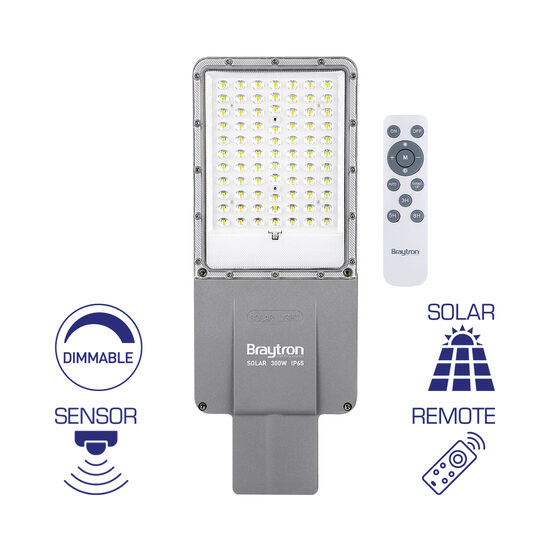 LAMPA STRADALA CU LED ST02, SOLAR+SENZOR+TELECOMND, DIM, P:300W, C:150W, 6500K IP65
